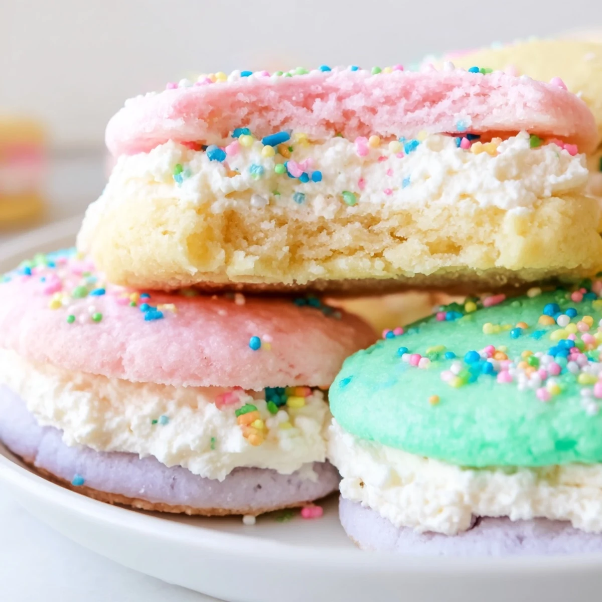 A close-up of pastel sugar cookie sandwiches showing delicate crumbs and smooth buttercream filling, perfect for Easter celebrations.