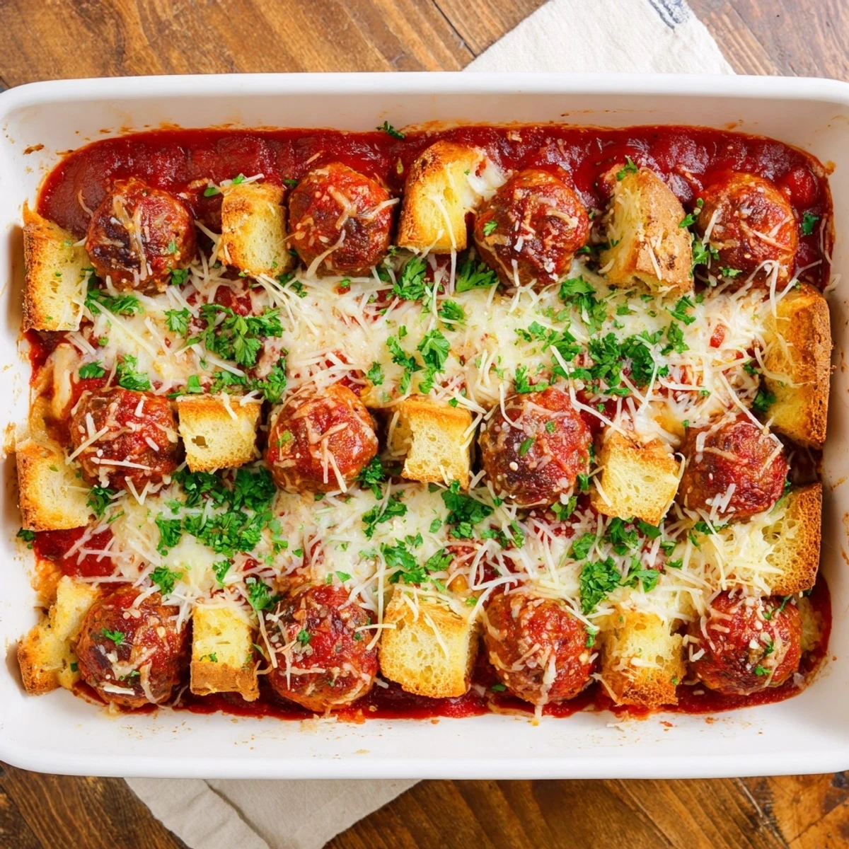 Steaming golden turkey meatball and garlic bread bake in a 9x13 casserole dish, topped with melted mozzarella.