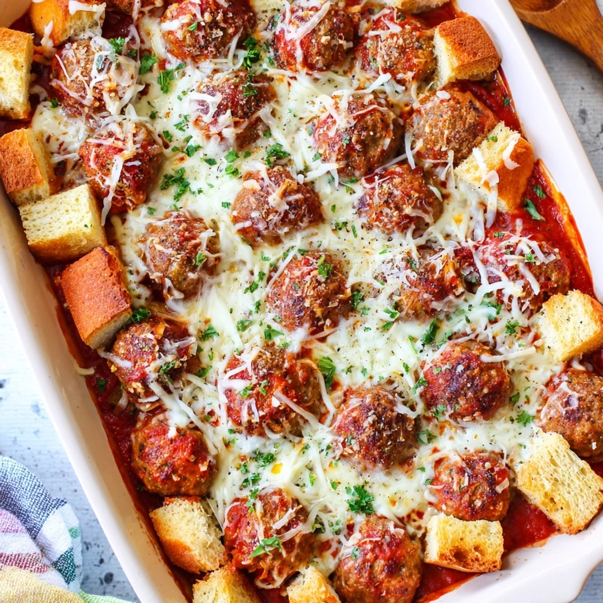 Close-up of the turkey meatball and garlic bread bake, showing crispy bread cubes over rich marinara.