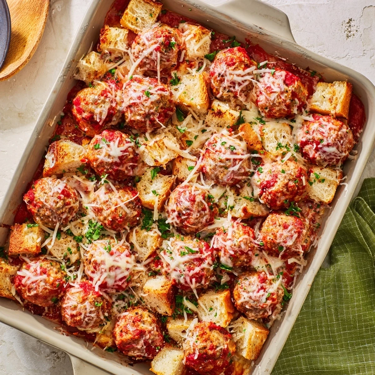 Turkey meatball and garlic bread bake sits bubbly and hot from the oven, ready for family dinner.