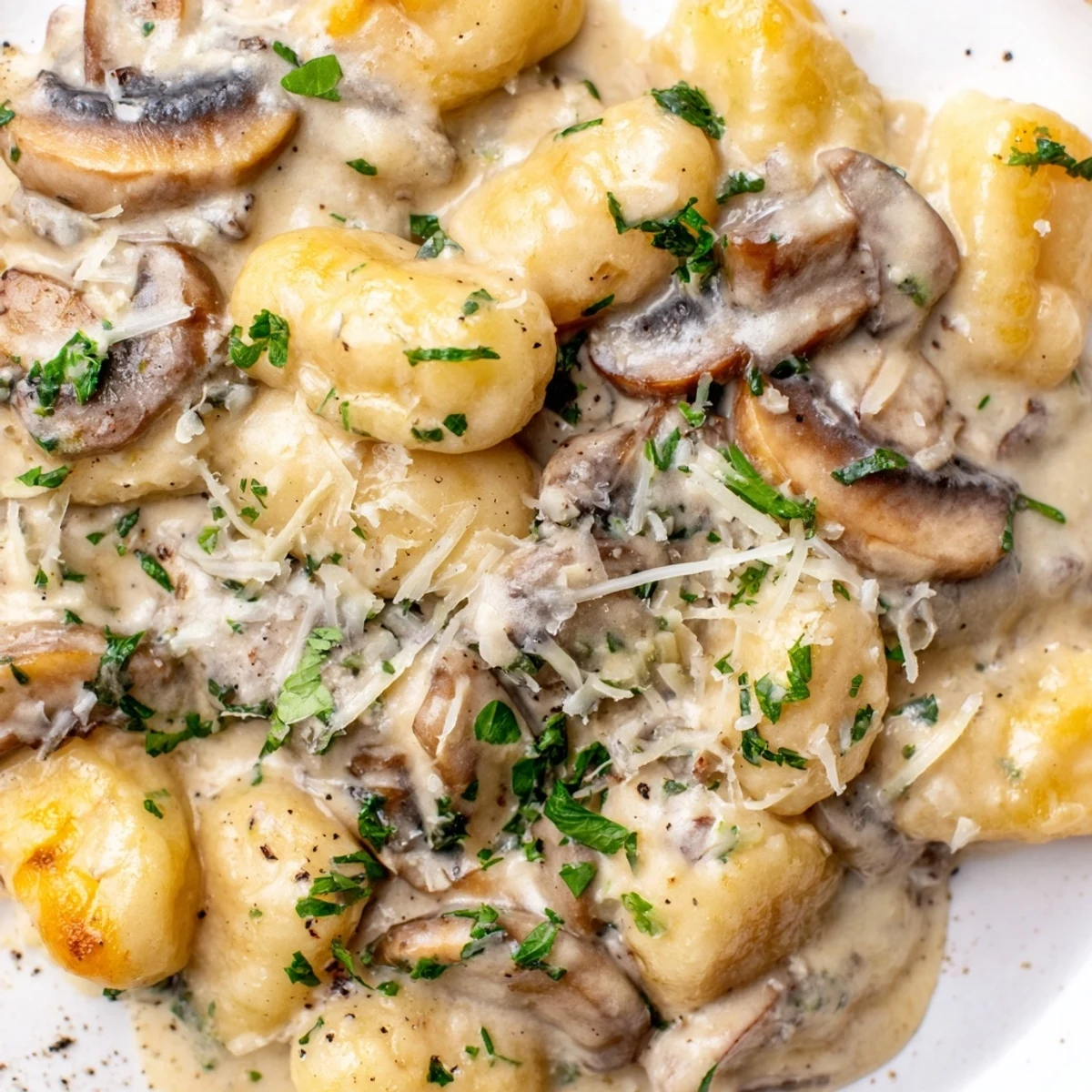 Creamy Mushroom Gnocchi sits in a white bowl, garnished with fresh parsley and grated Parmesan, next to a glass of Pinot Grigio.