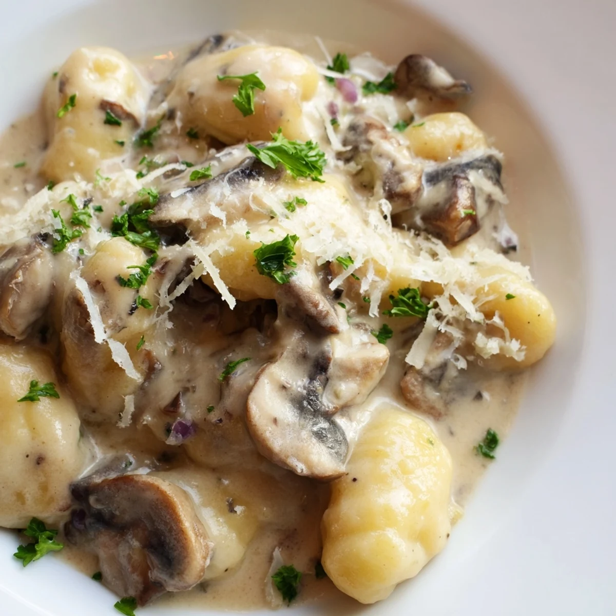Tender potato gnocchi and mixed mushrooms drenched in a silky, aromatic sauce with garlic and herbs, ready to serve immediately.