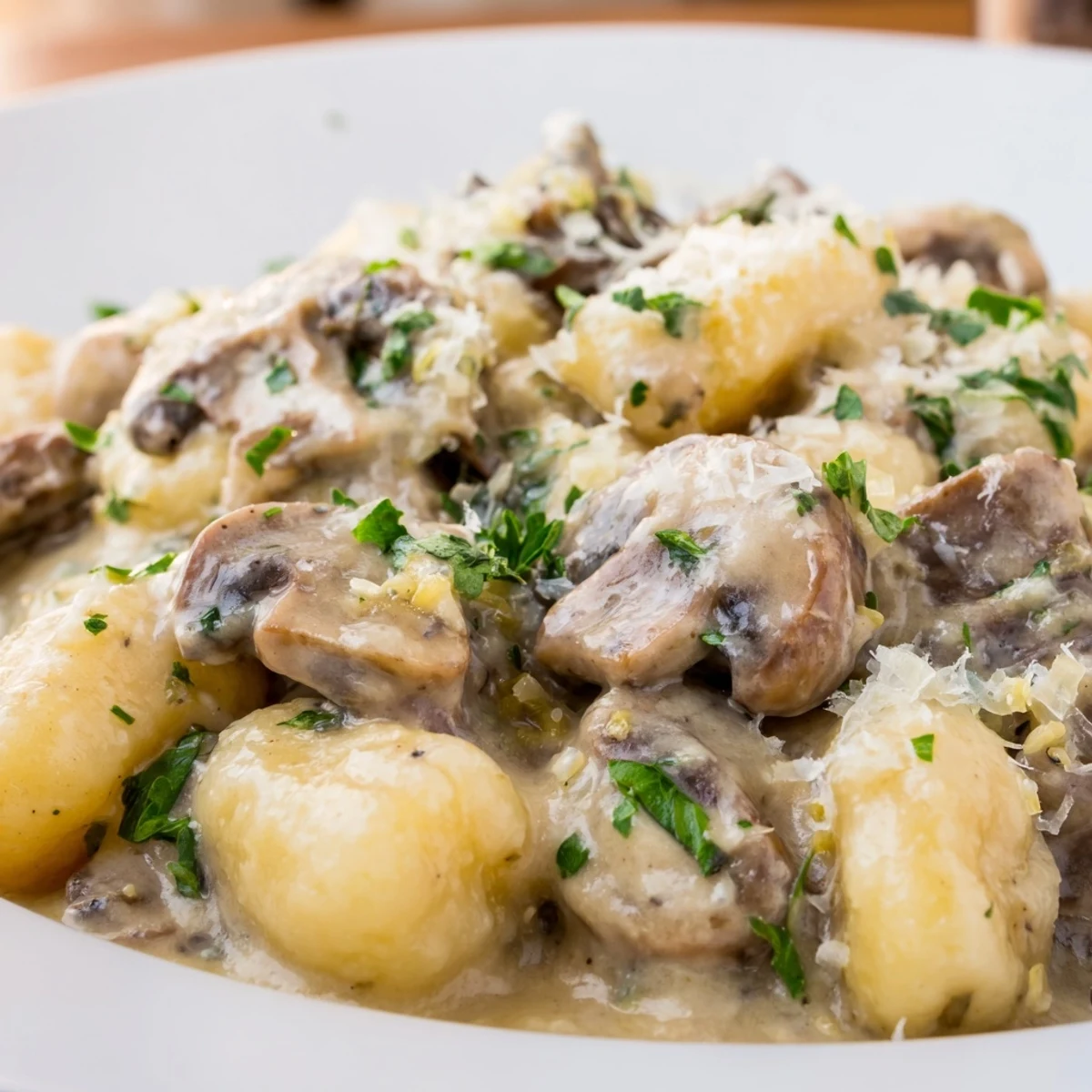 A close-up view shows golden gnocchi coated in a rich mushroom cream sauce, with sautéed cremini mushrooms visible throughout.