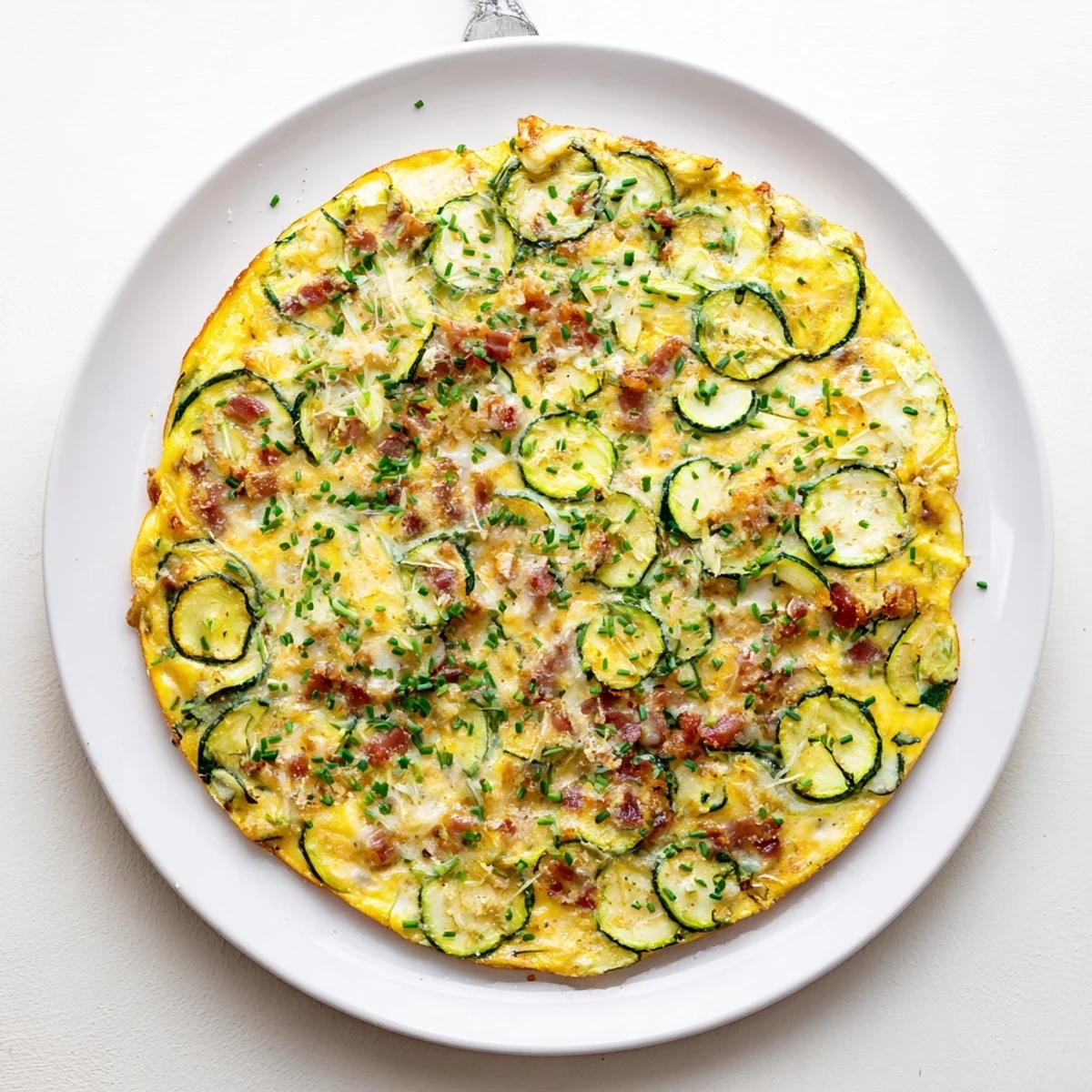 Sliced wedges of Zucchini Herb and Pancetta Frittata served warm on a white plate, highlighting the bright green zucchini and herbs.