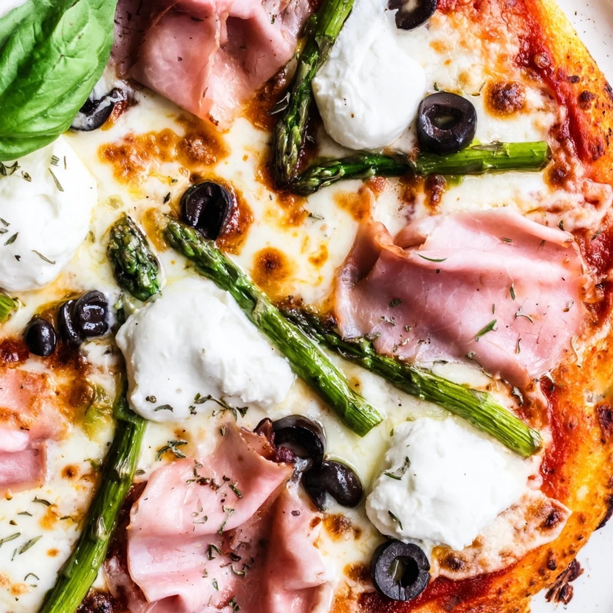 Overhead view of a rustic Ham, Olive, Asparagus, and Ricotta Pizza on a baking sheet, with olives and fresh basil garnish.