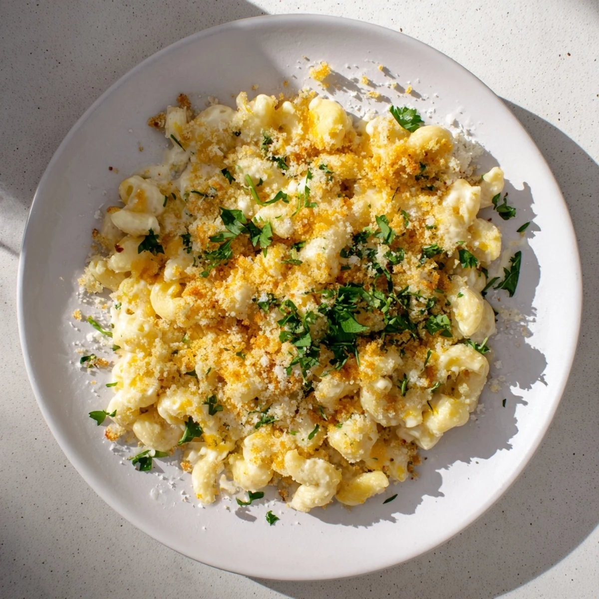 Freshly baked mac and cheese with a golden panko topping, served warm from the oven in a casserole dish.