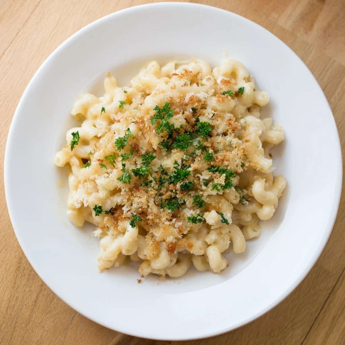 A close-up of homemade baked mac and cheese showing creamy cheddar and Gruyère sauce with a crunchy breadcrumb crust.