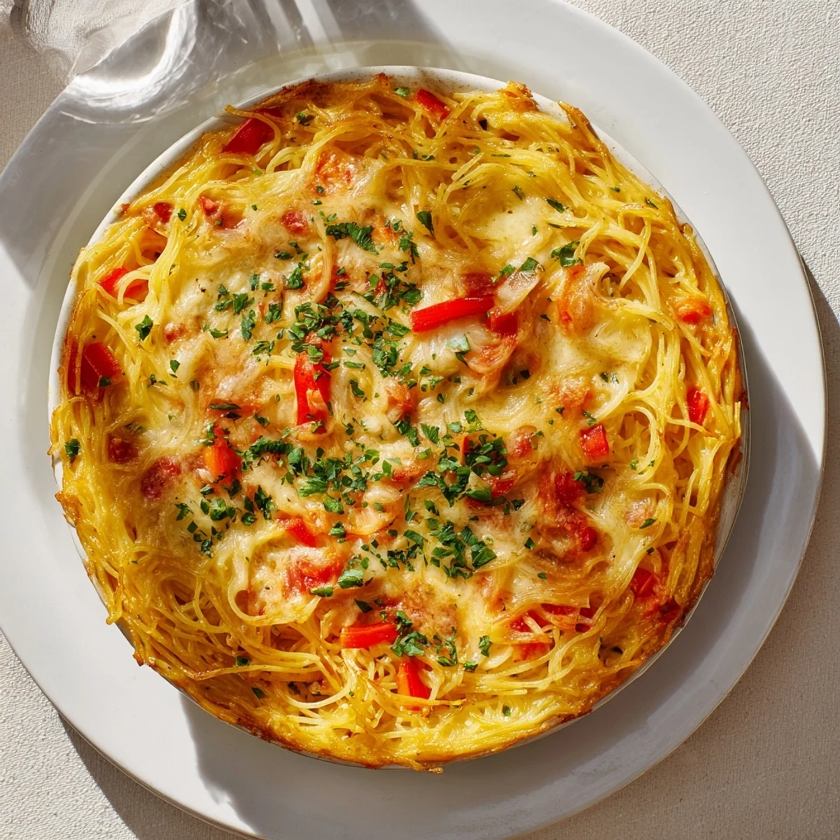 A slice of Impossible Pasta Pie sits on a white plate with a side salad, ready for a family dinner.