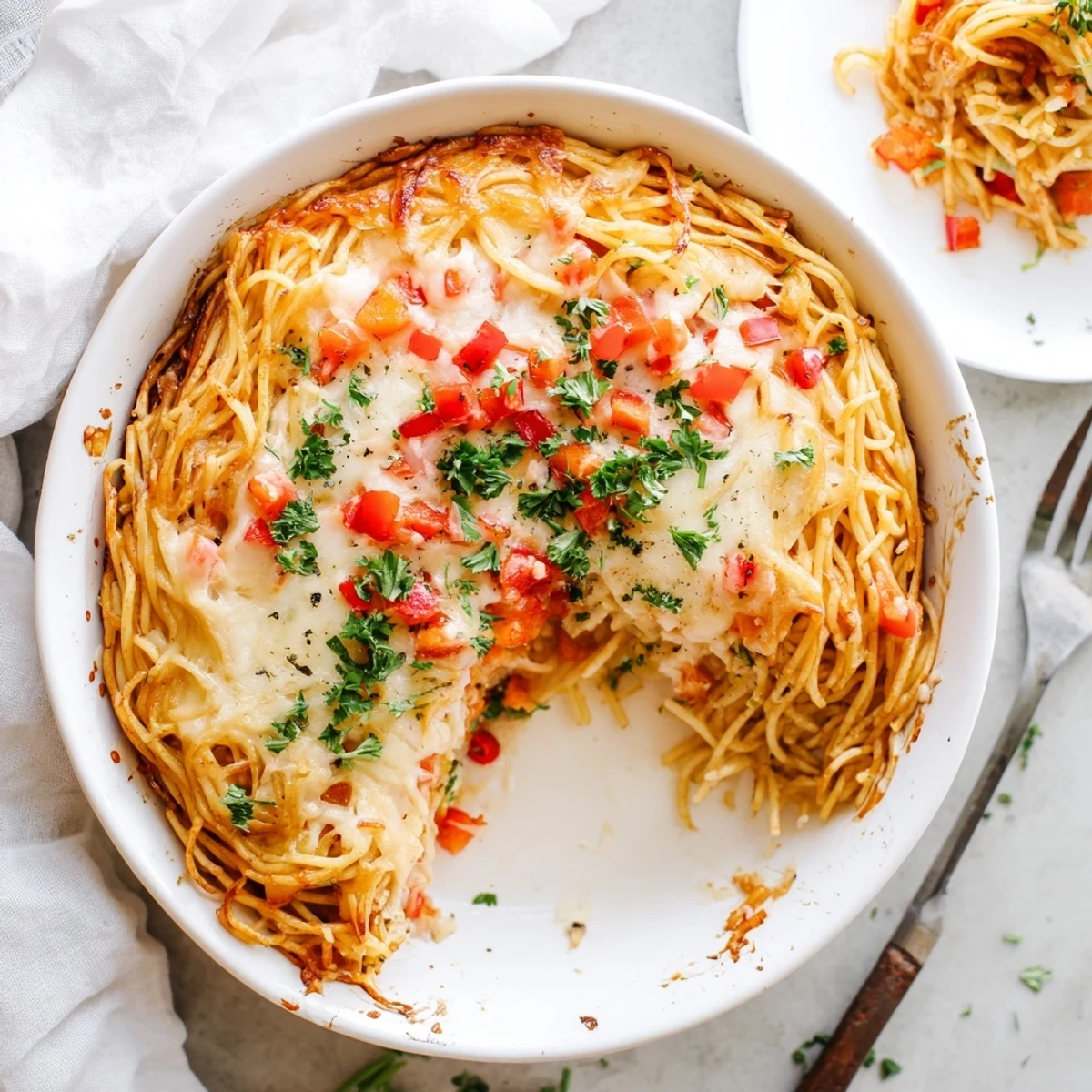 Baked Impossible Pasta Pie with golden cheesy top and visible spaghetti strands in a ceramic dish.