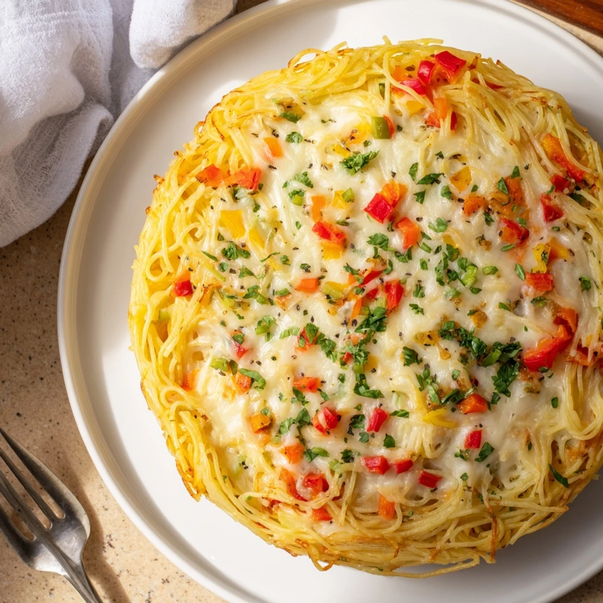 Savory Impossible Pasta Pie served warm with fresh basil garnish on a rustic wooden table setting.