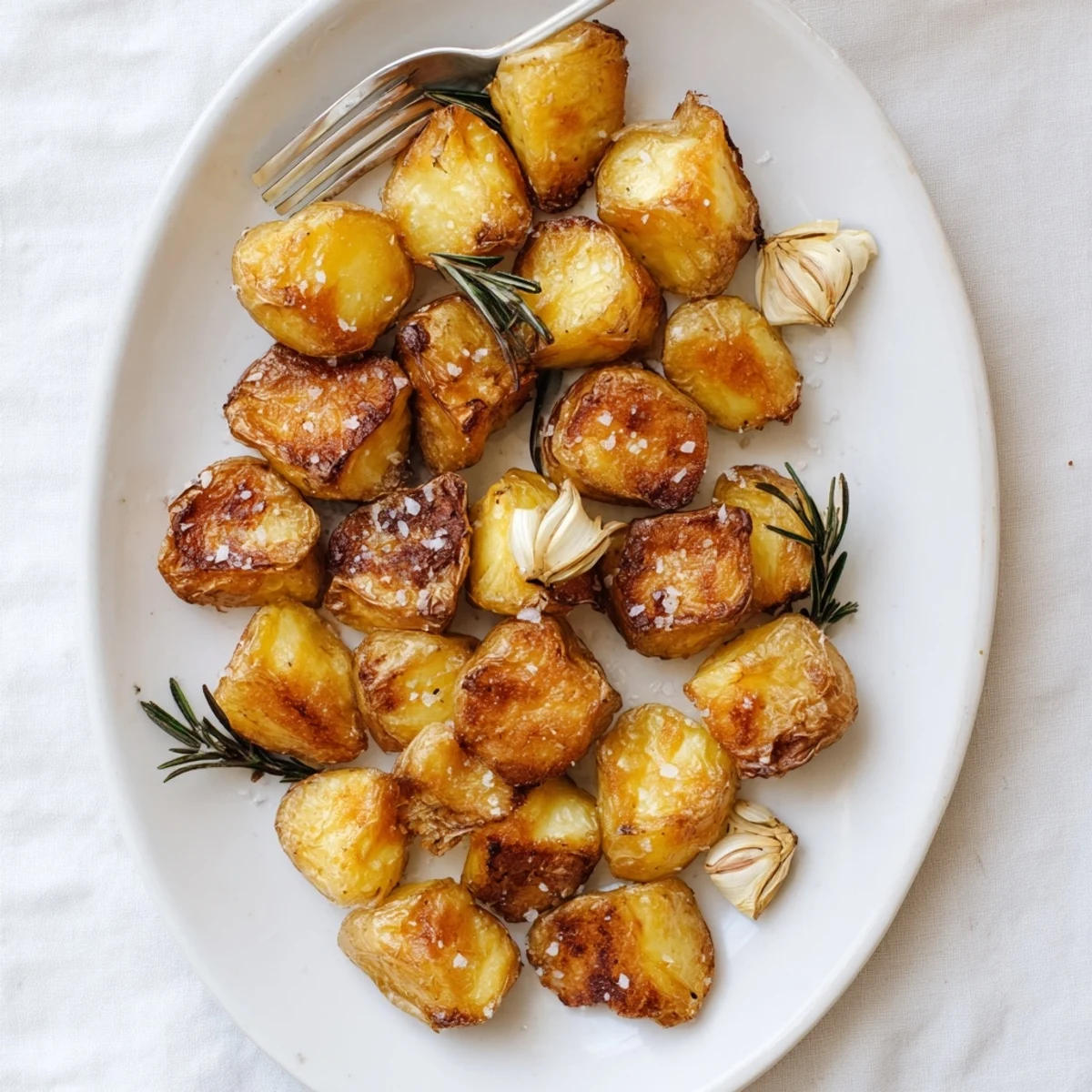 Crispy roast potatoes on a platter, glistening with oil and topped with fresh rosemary for a savory side dish.