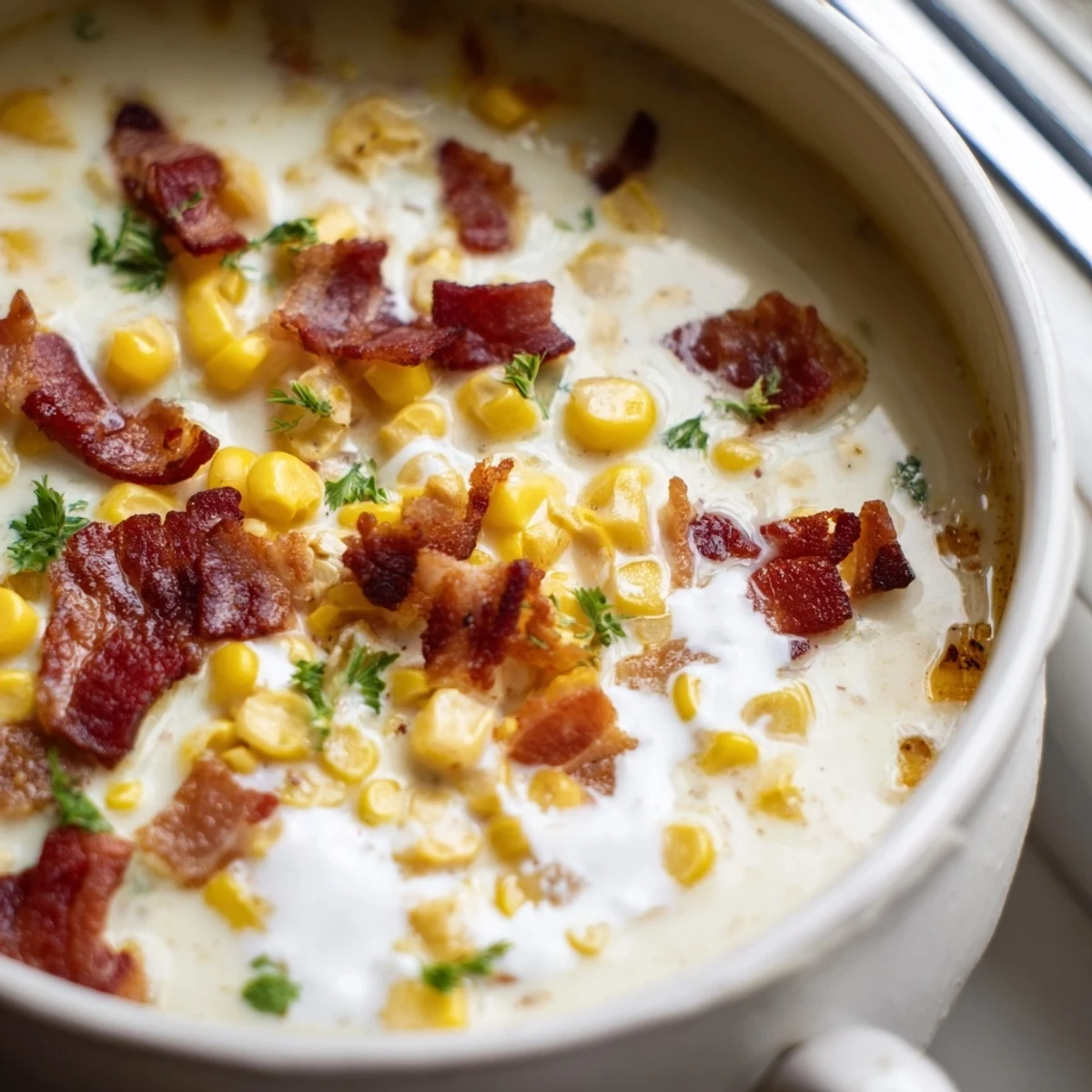Creamy hot yoghurt soup with corn, bacon, and coriander garnished in a rustic bowl.