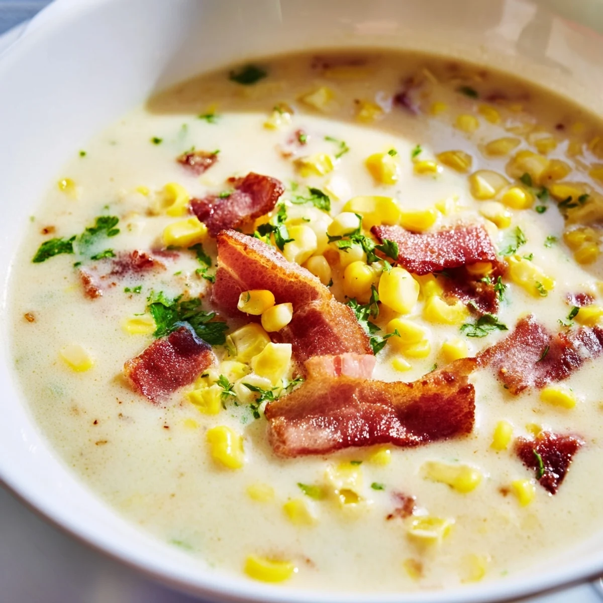 Hearty bowl of hot yoghurt soup with corn, bacon, and coriander next to crusty bread.