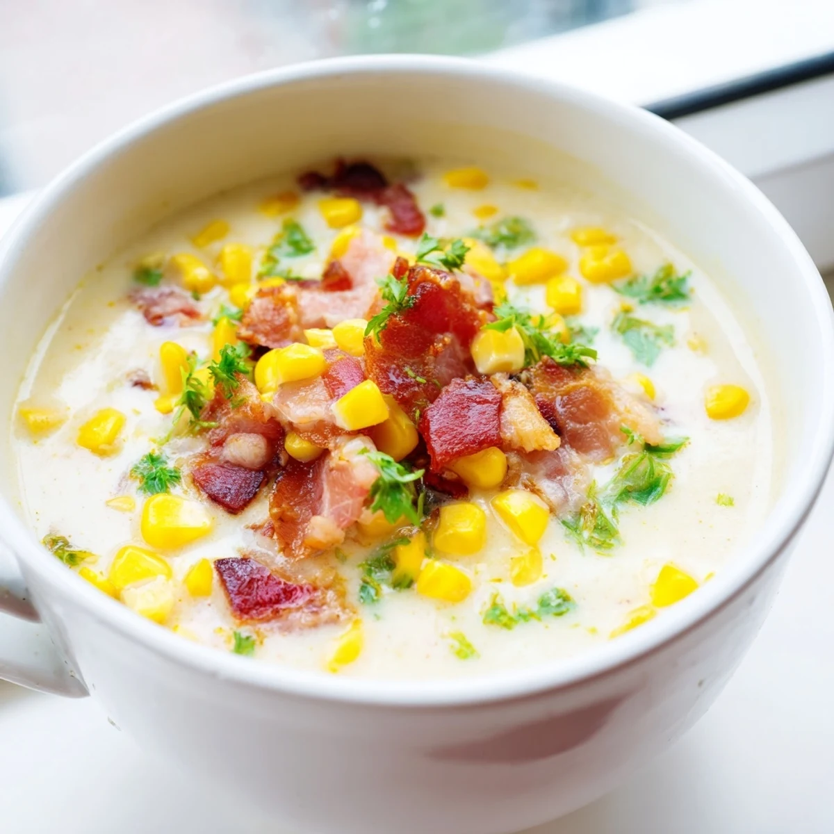 Spoon lifting creamy hot yoghurt soup with corn, bacon, and coriander from a white bowl.