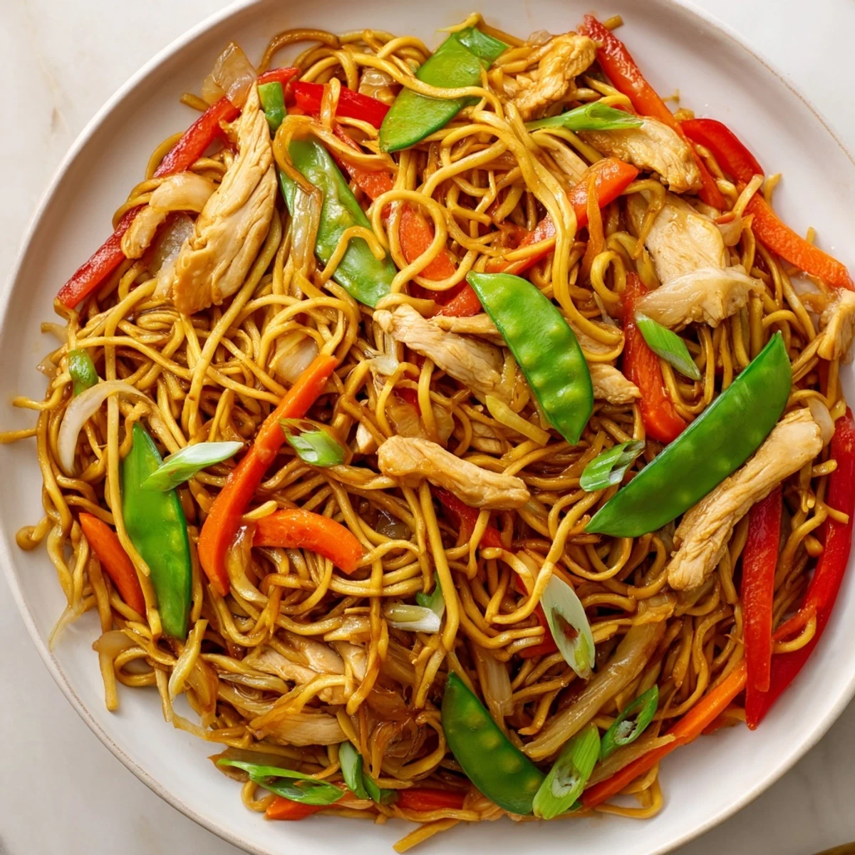 Close-up view of Chicken Chow Mein noodles tossed with colorful vegetables like carrots, bell peppers, and scallions.