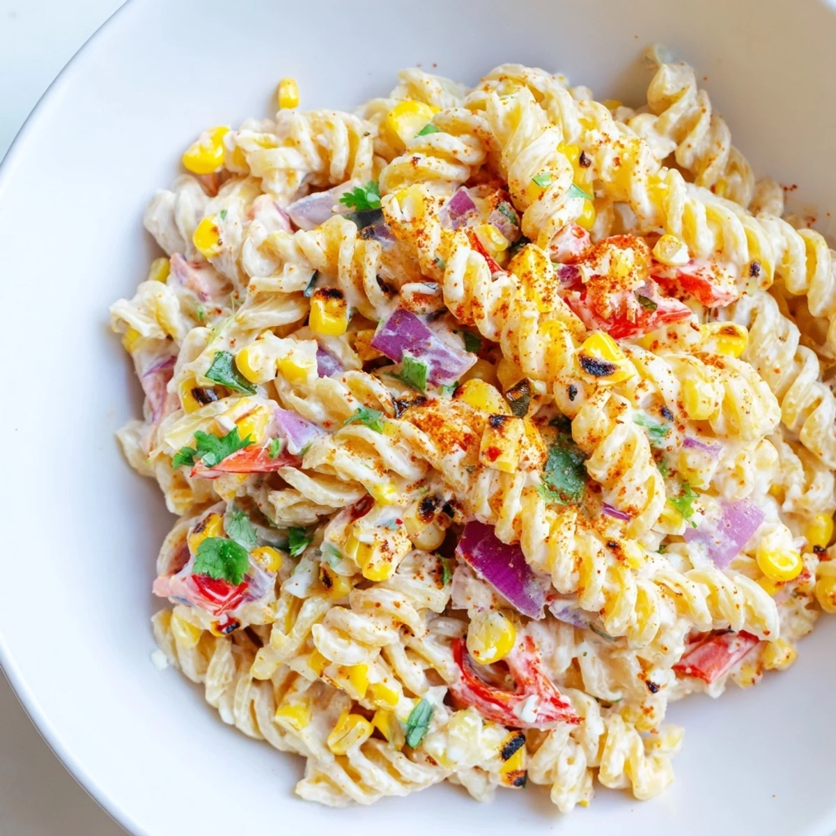 Colorful bowl of street corn pasta salad featuring charred corn kernels, cotija cheese, and creamy spicy dressing.