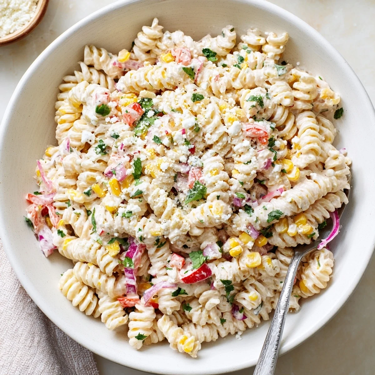 Mexican Street Corn Pasta Salad featuring grilled corn, tangy lime dressing, and crumbled cotija cheese
