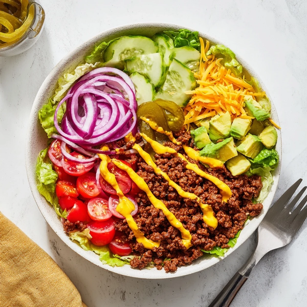 Delicious gluten-free burger bowl recipe with spiced ground beef, avocado, pickles, and homemade sauce over crisp romaine lettuce