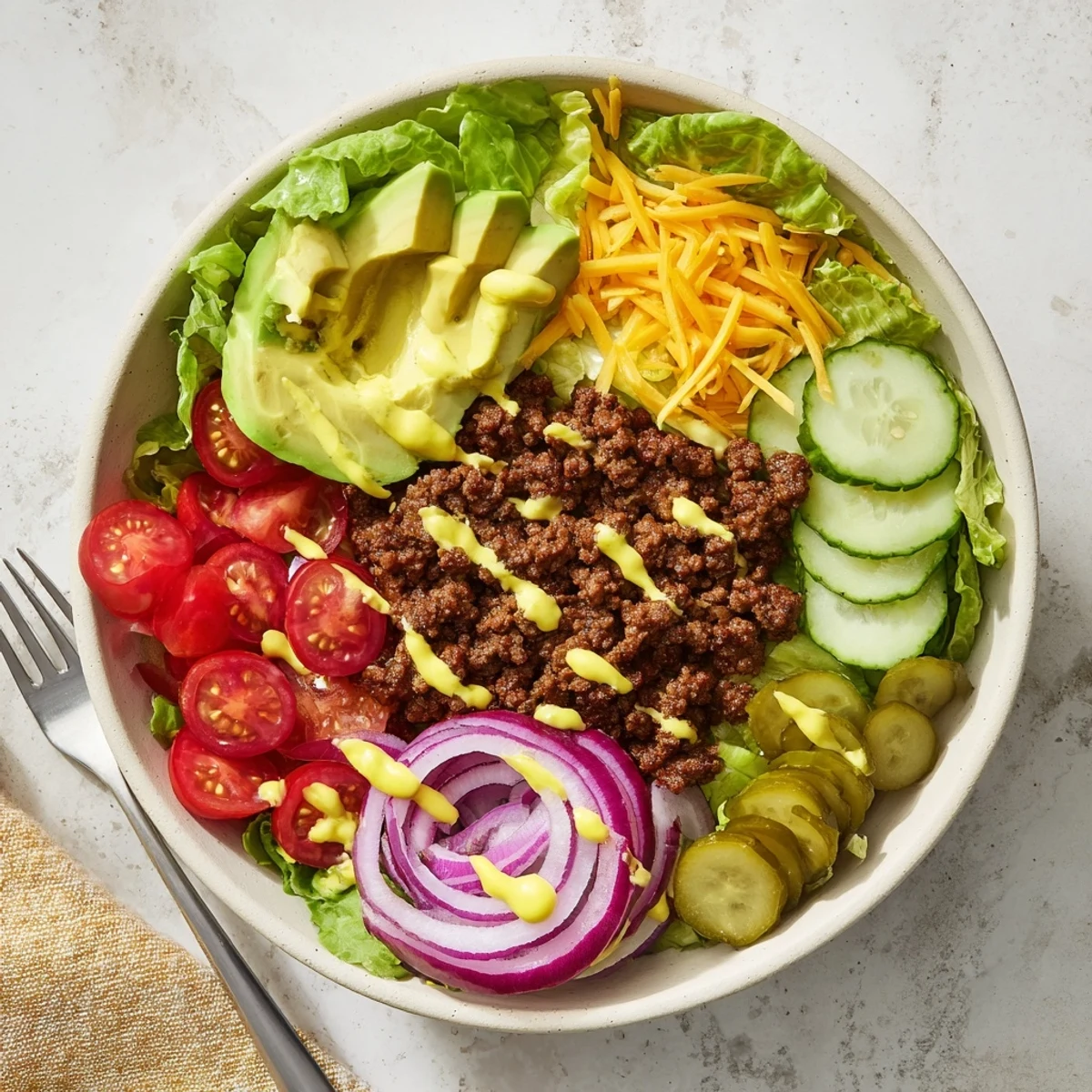 Hearty low-carb burger bowls featuring juicy beef, crisp vegetables, cheddar cheese, and tangy special sauce in a serving bowl
