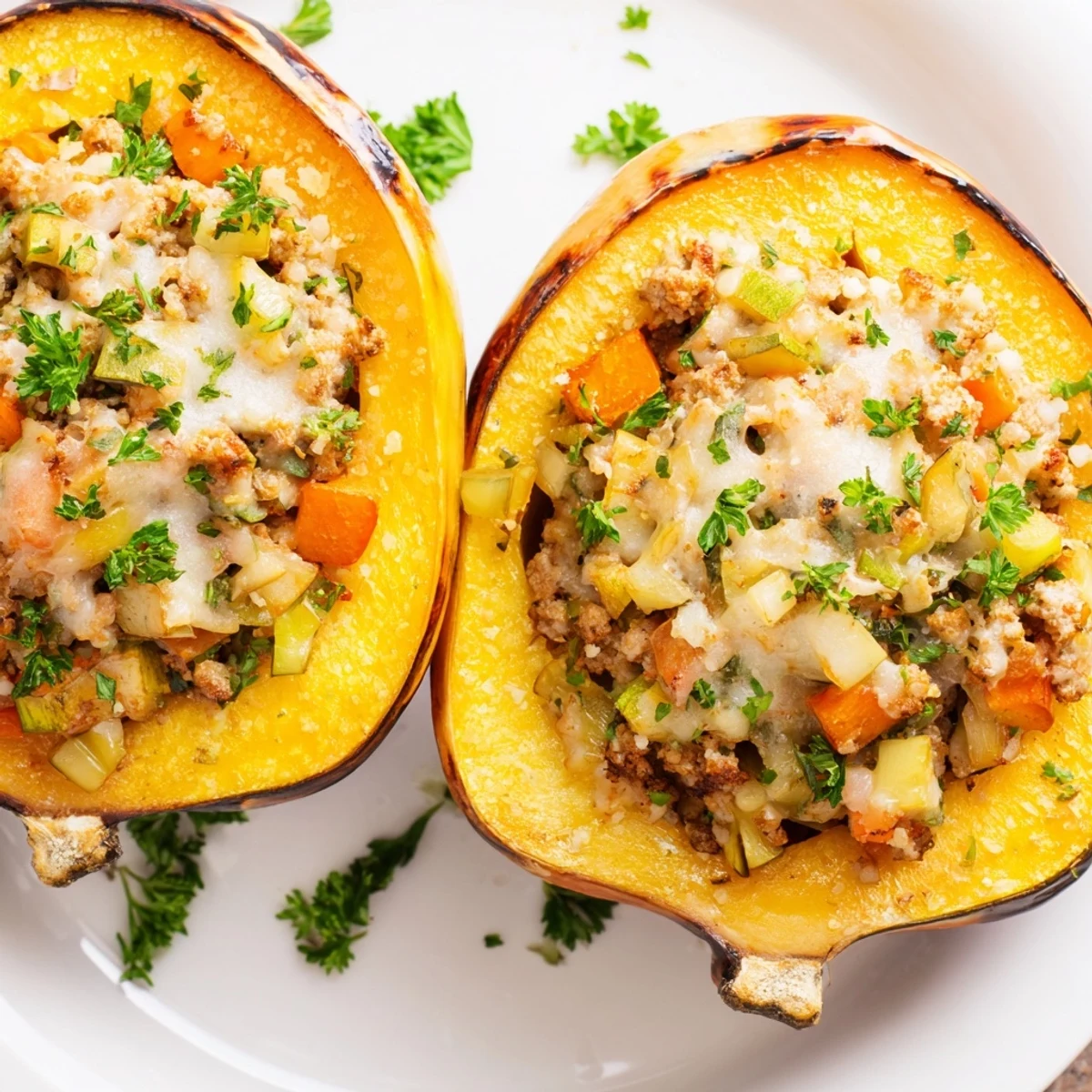 Hearty turkey stuffed acorn squash halves filled with savory vegetables and aromatic autumn spices