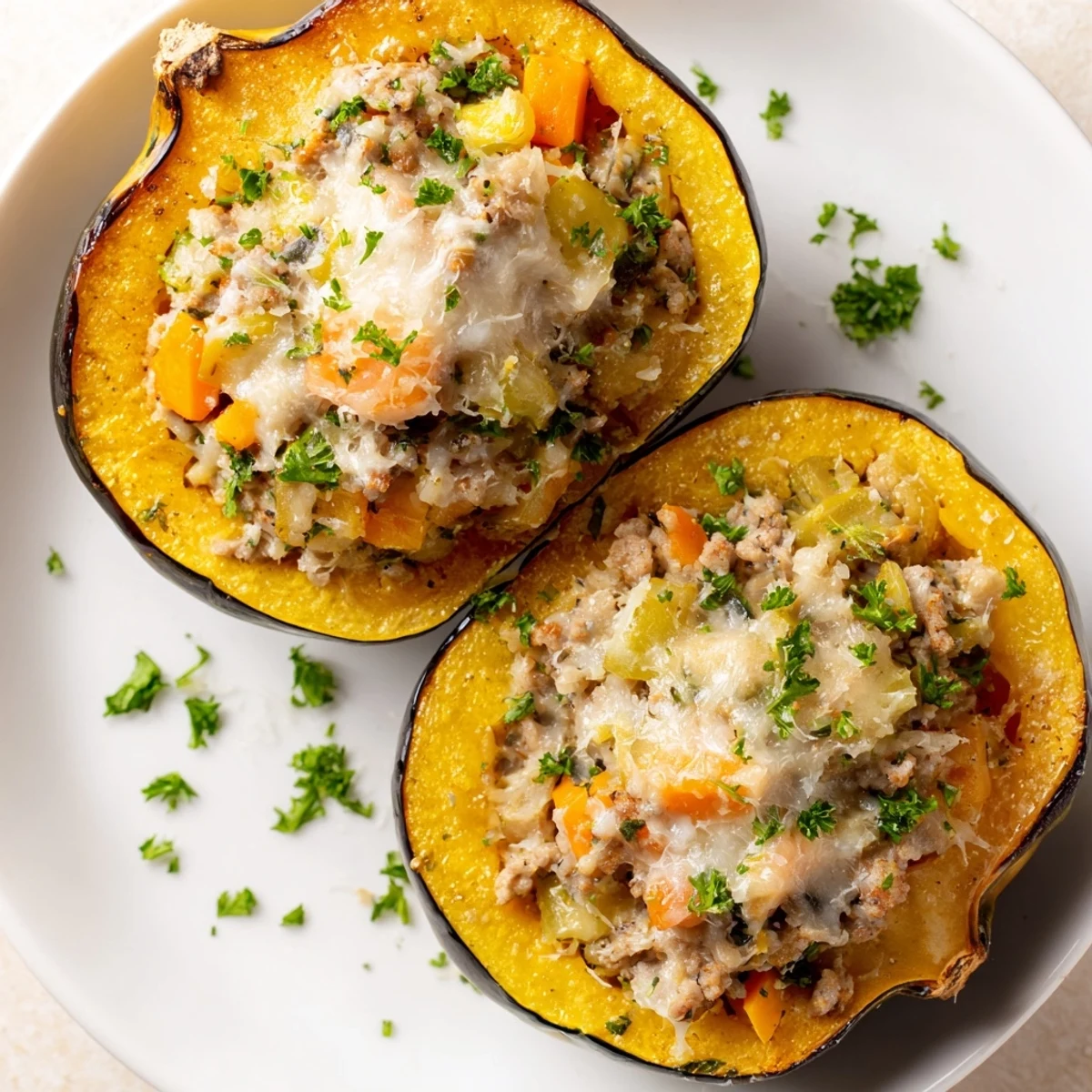 Golden roasted turkey stuffed acorn squash with melted Parmesan and fresh parsley garnish