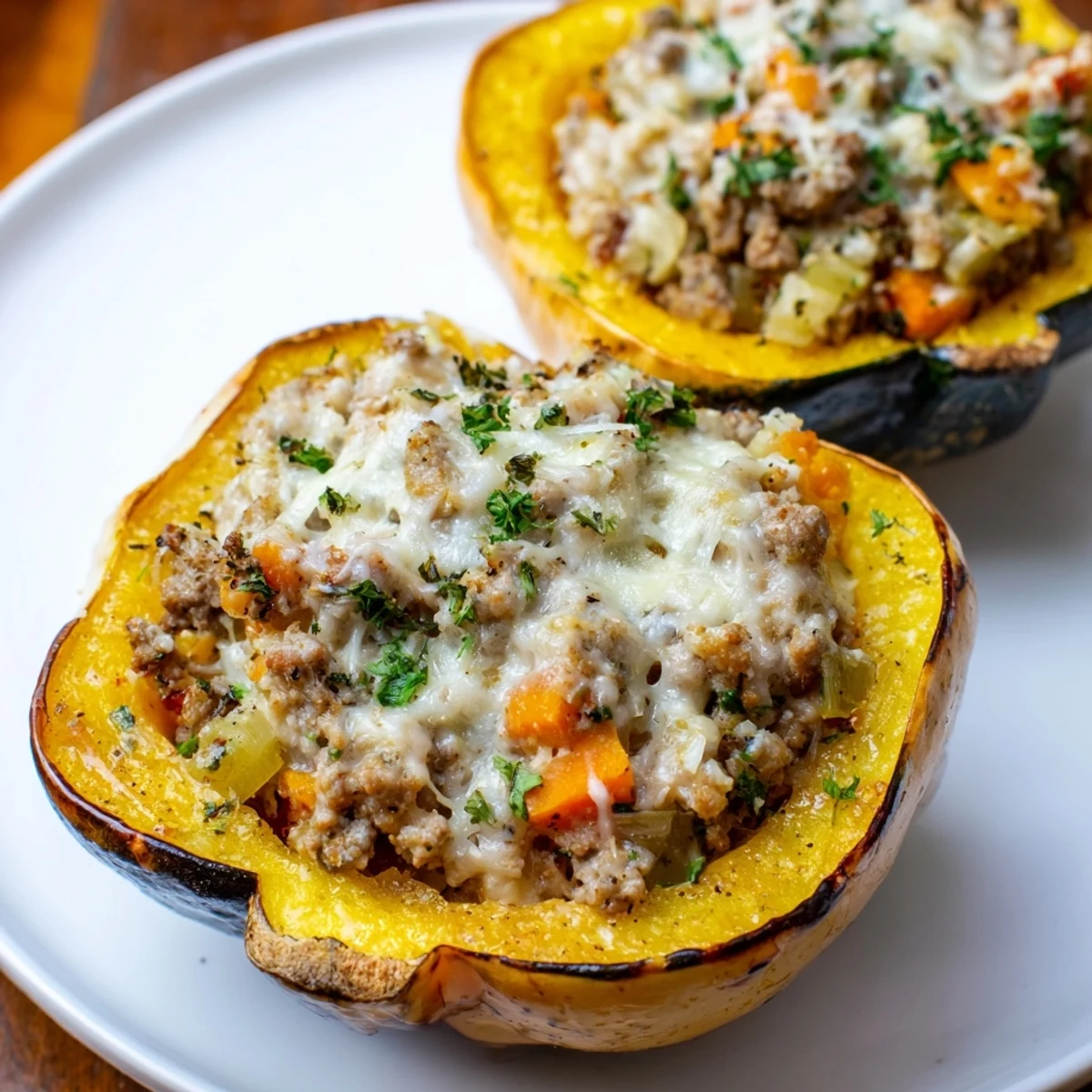 Gluten-free turkey stuffed acorn squash baked to tender perfection with a golden turkey vegetable filling