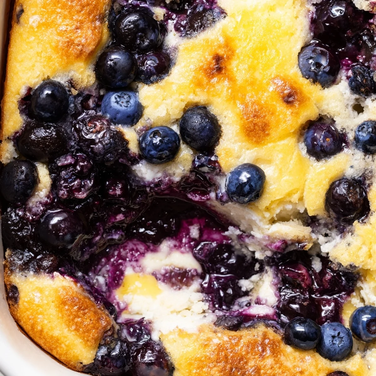 Sliced lemon blueberry cheesecake dump cake showing layers of creamy cheesecake and sweet blueberries