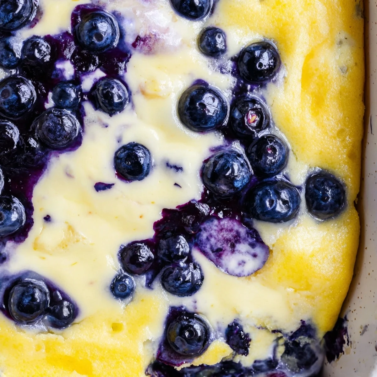 Warm lemon blueberry cheesecake dump cake fresh from the oven with golden vanilla cake topping