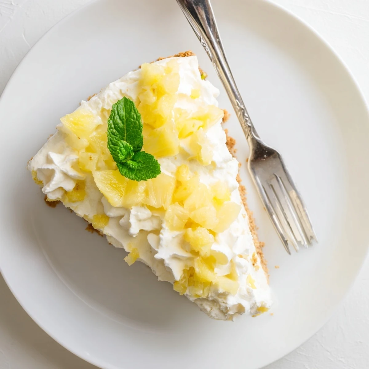 Slice of no bake pineapple cheesecake garnished with whipped cream and fresh mint leaves