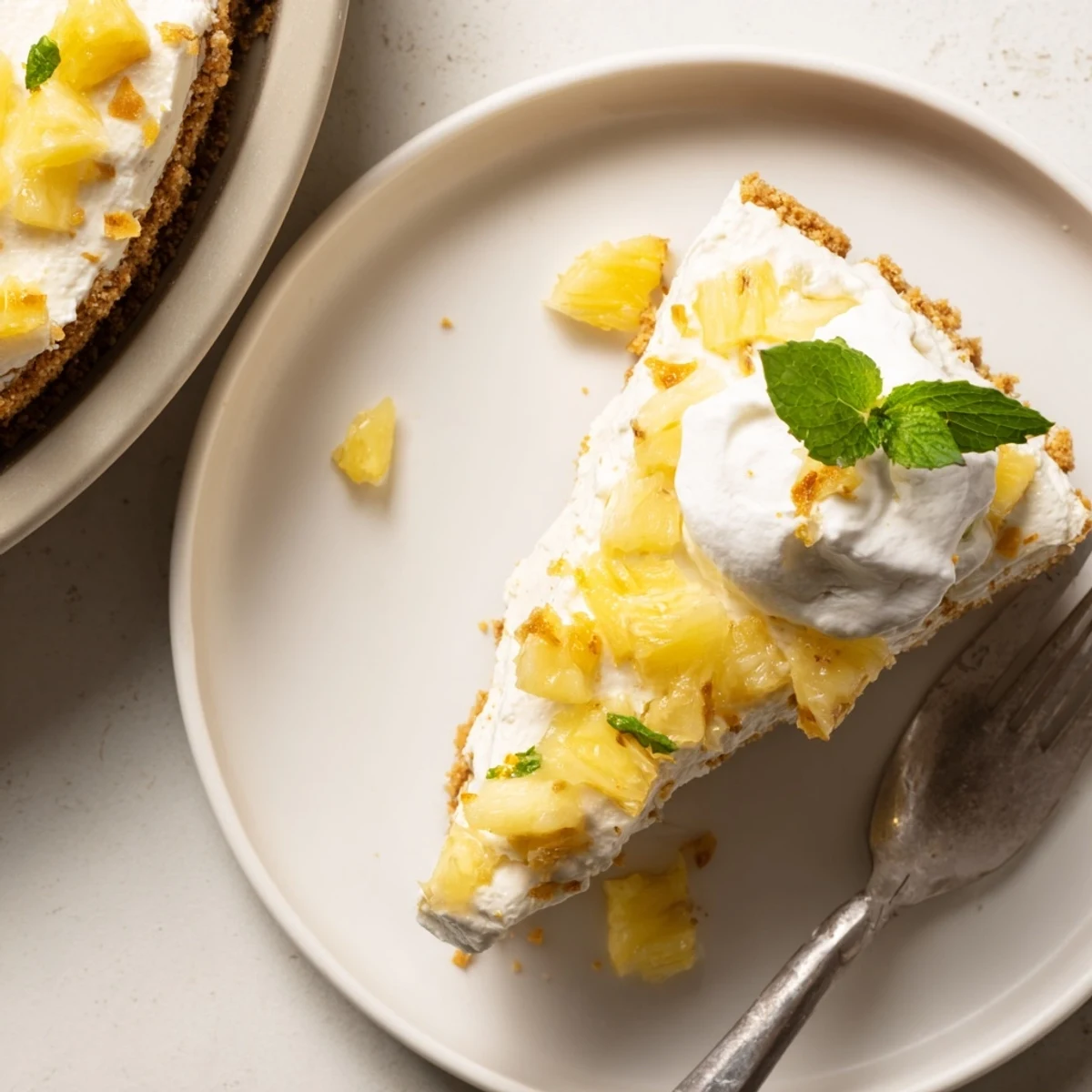 White plate holding chilled no bake pineapple cheesecake with buttery crust and pineapple chunks