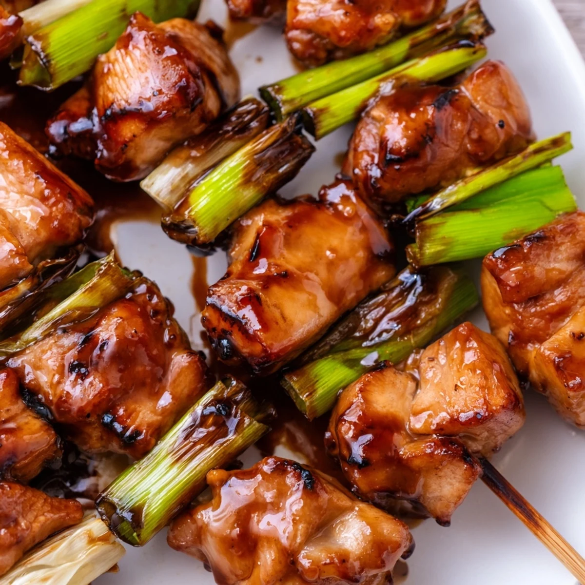 Golden Japanese chicken yakitori skewers glazed with glossy tare sauce on a rustic wooden serving board
