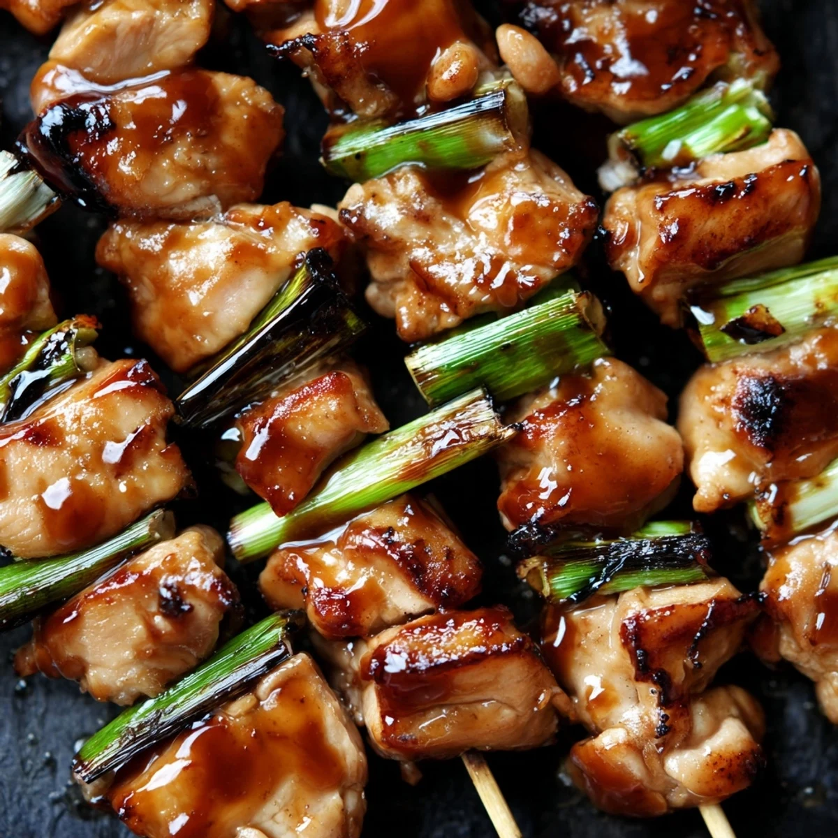 Charred chicken yakitori skewers basted in sweet soy mirin glaze served steaming hot for dinner