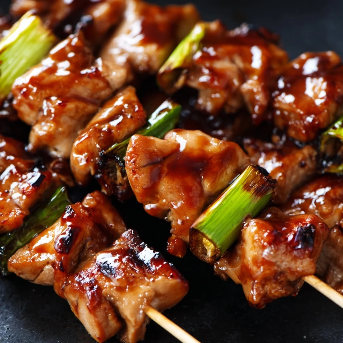 Savory grilled chicken yakitori with scallions arranged on a white plate with extra brushing sauce