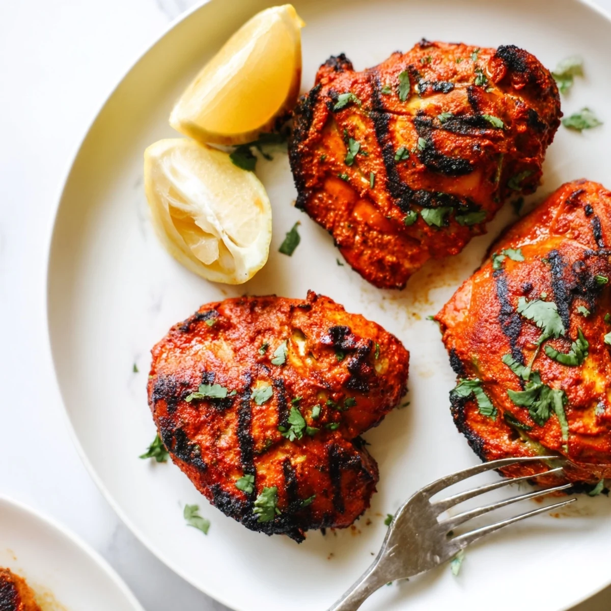Golden grilled tandoori chicken pieces with charred edges and vibrant red spice coating