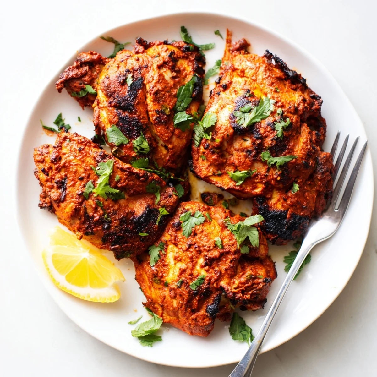 Succulent Indian spiced chicken thighs fresh off the grill garnished with fresh cilantro