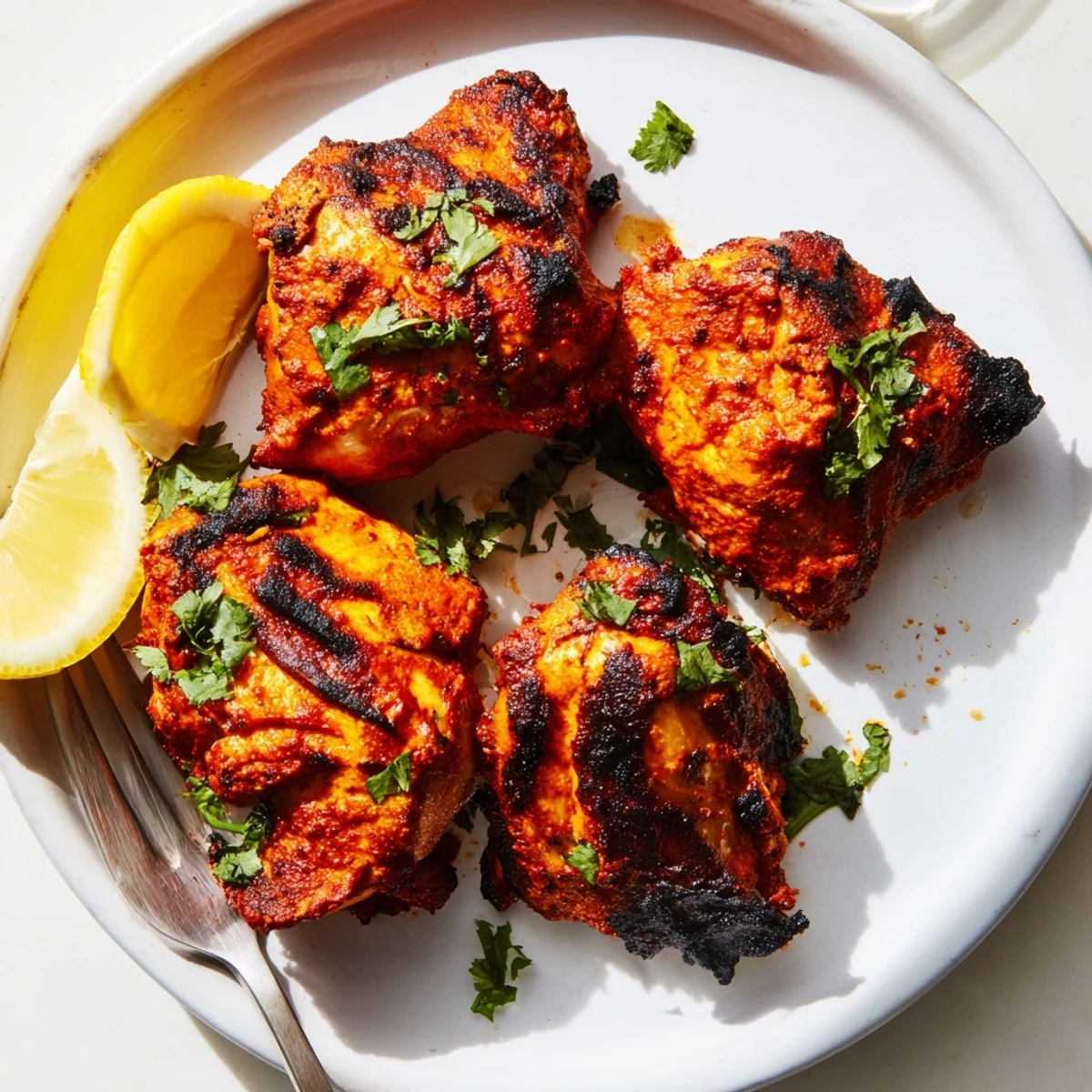 Homemade tandoori chicken served with lemon wedges on a rustic wooden platter