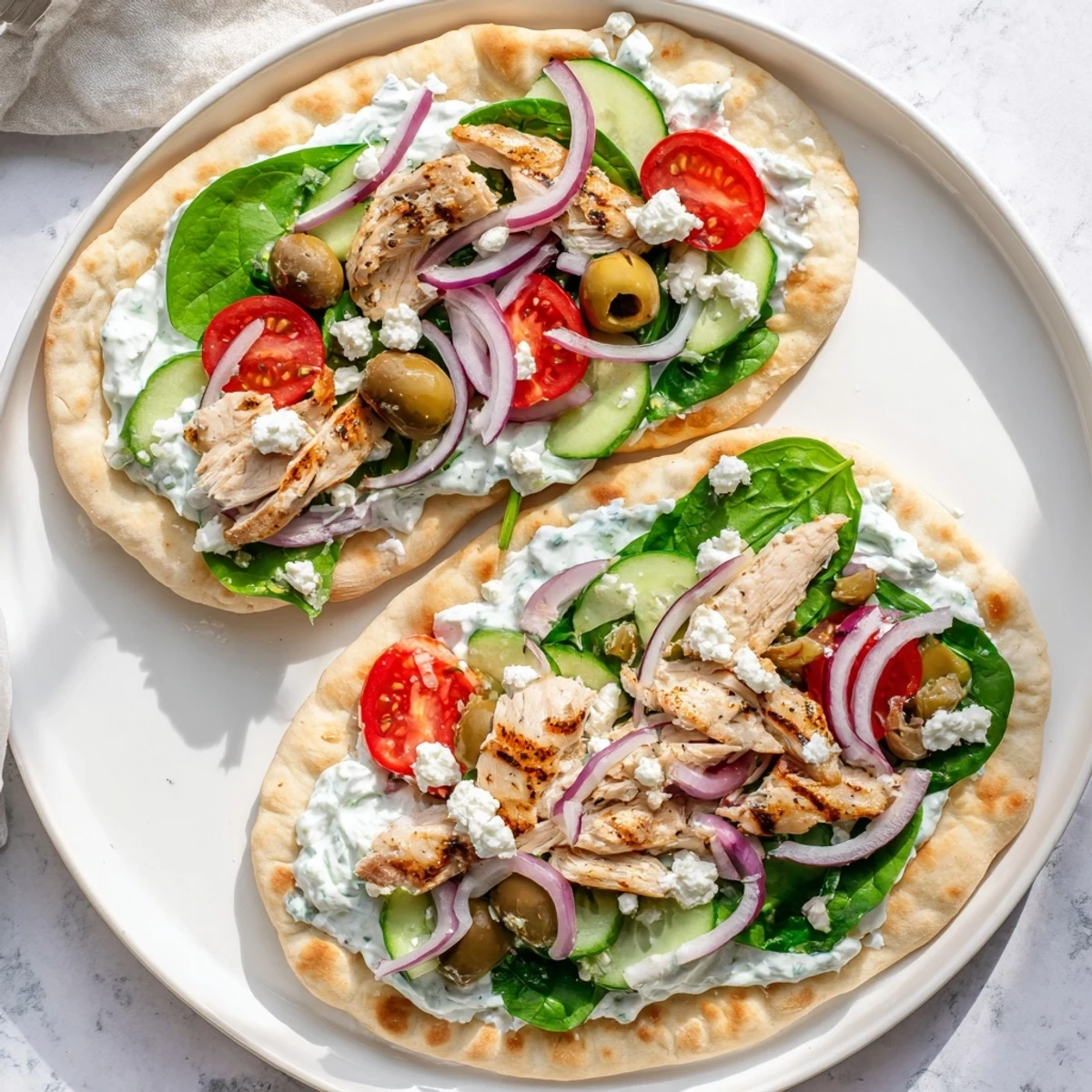 Golden grilled Greek chicken flatbread topped with fresh vegetables and creamy tzatziki sauce