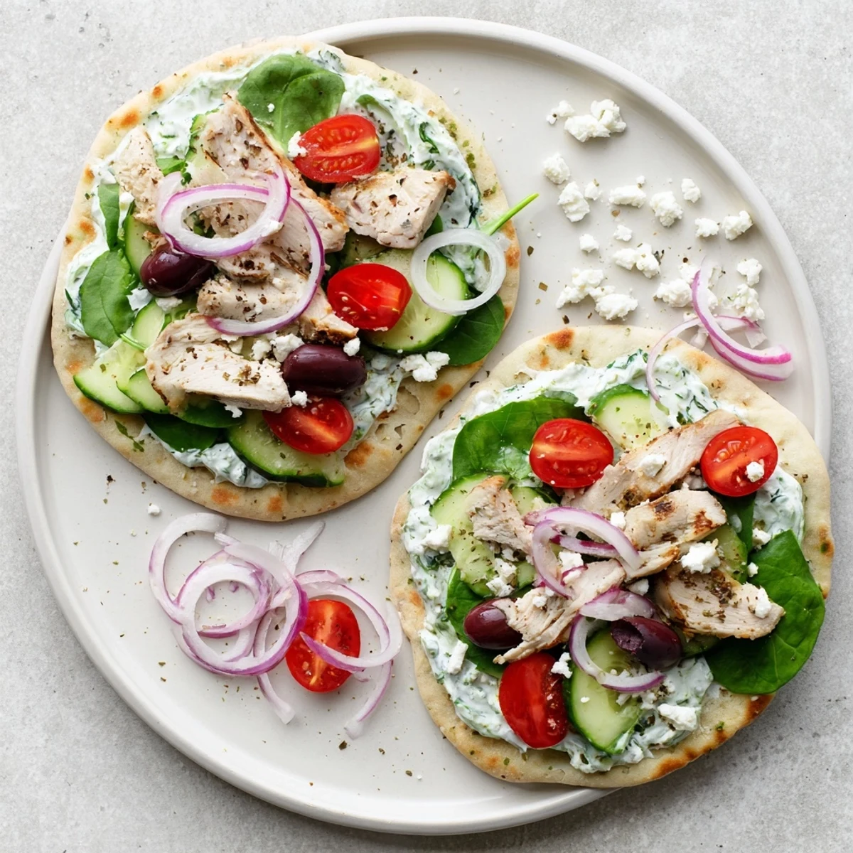 Homemade Greek chicken flatbread drizzled with tzatziki and sprinkled with crumbled feta cheese