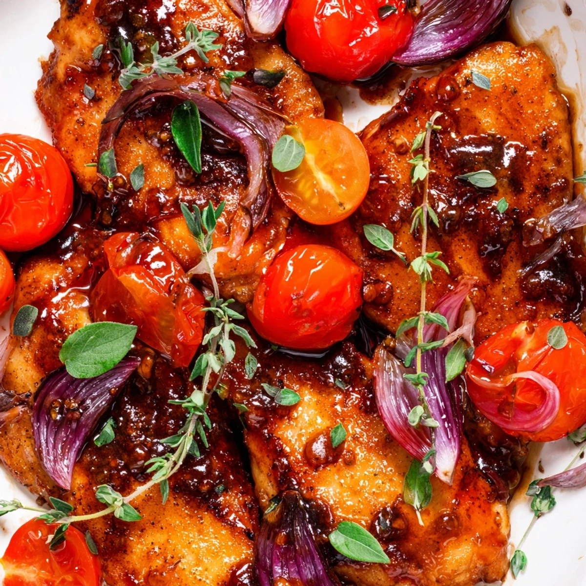 Golden chicken breasts nestled in rich balsamic glaze with cherry tomatoes and fresh basil