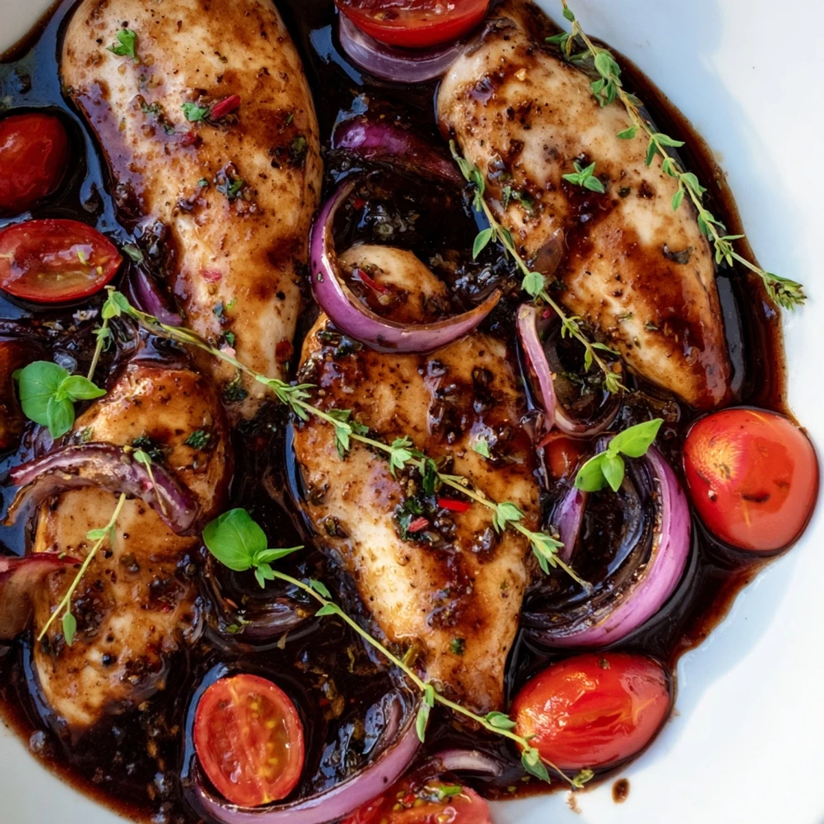 Weeknight dinner of juicy chicken simmered in sweet balsamic sauce with colorful roasted vegetables