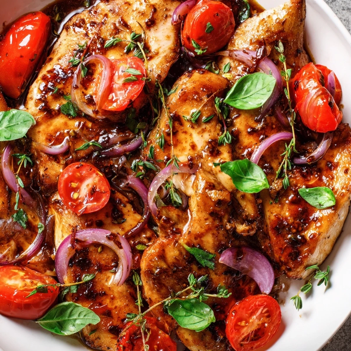 Tender one pan juicy chicken with balsamic sauce glistening over garlic and red onions