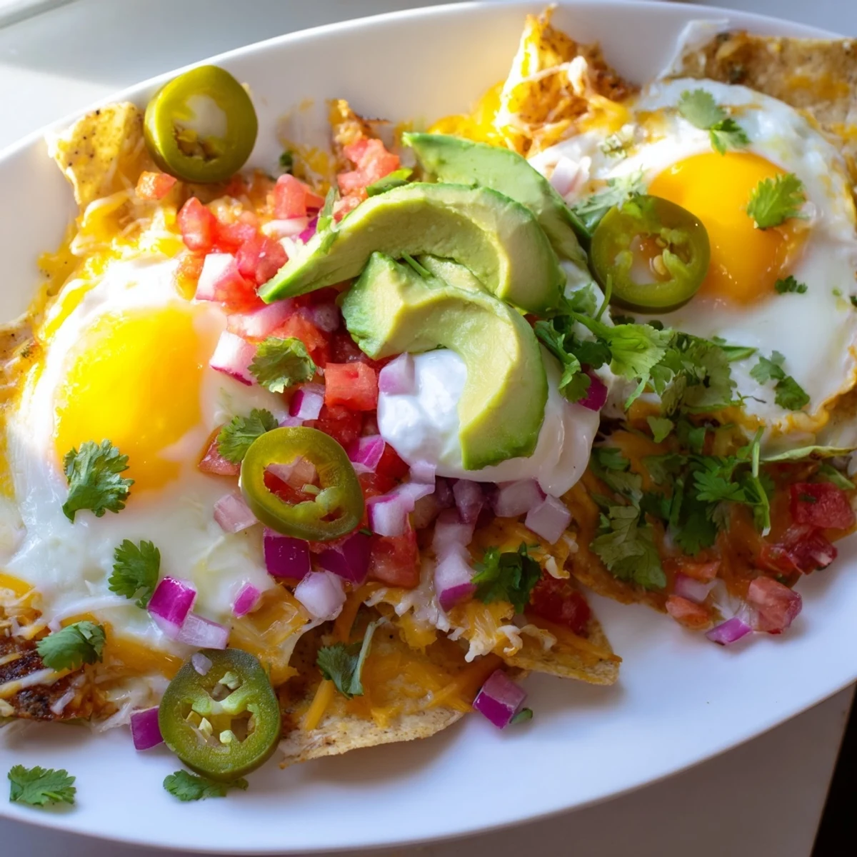 Crispy Mexican egg nachos loaded with melted cheese, fresh avocado, and sunny-side up eggs
