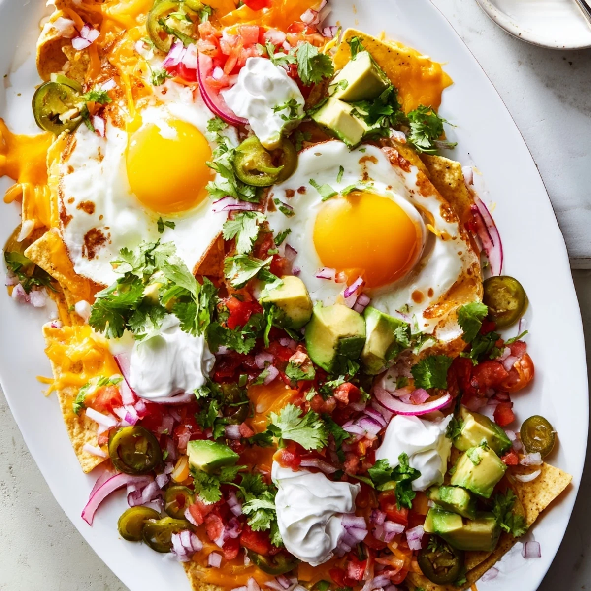 Hearty breakfast nachos featuring tortilla chips, fried eggs, cilantro, and zesty vegetables