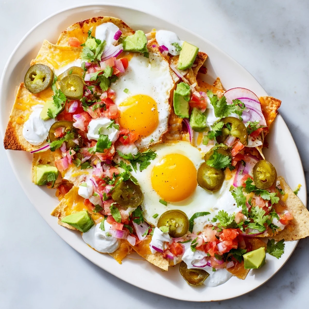 Colorful plate of Mexican egg nachos topped with salsa, sour cream, and runny yolks