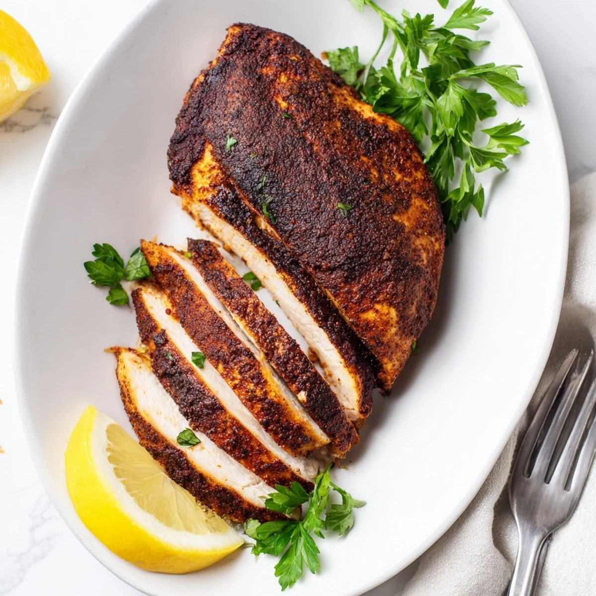 Golden spice-crusted blackened chicken breasts with a dark, crispy sear on a cast-iron skillet