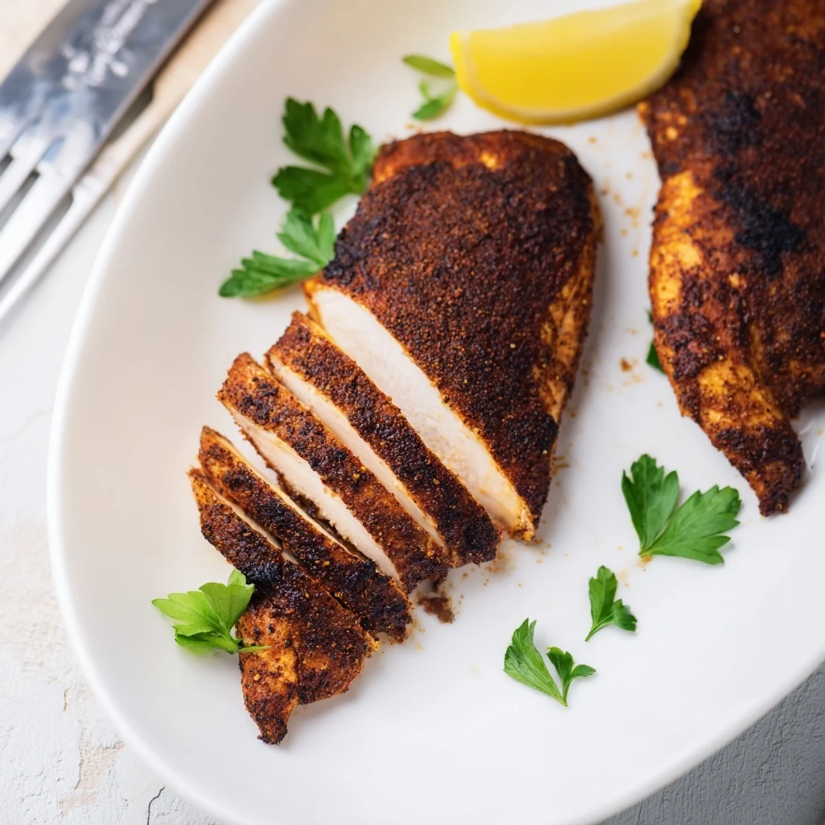 Juicy Cajun spiced blackened chicken sliced to reveal tender meat with fresh parsley garnish