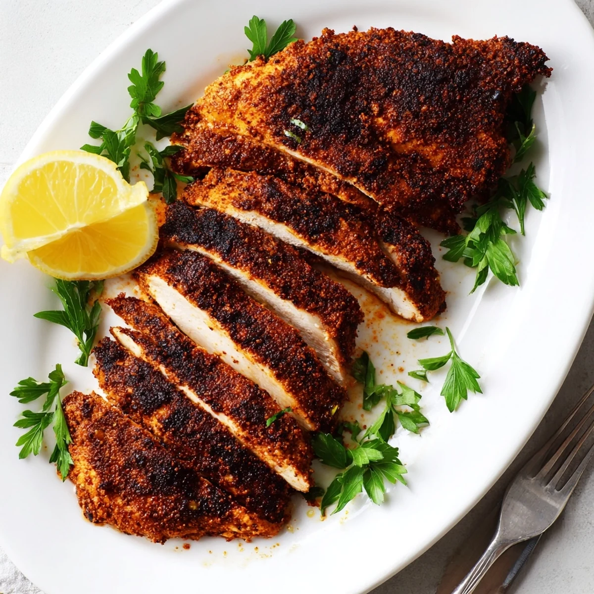 Sizzling blackened chicken with smoky paprika crust served with bright lemon wedges on a white plate