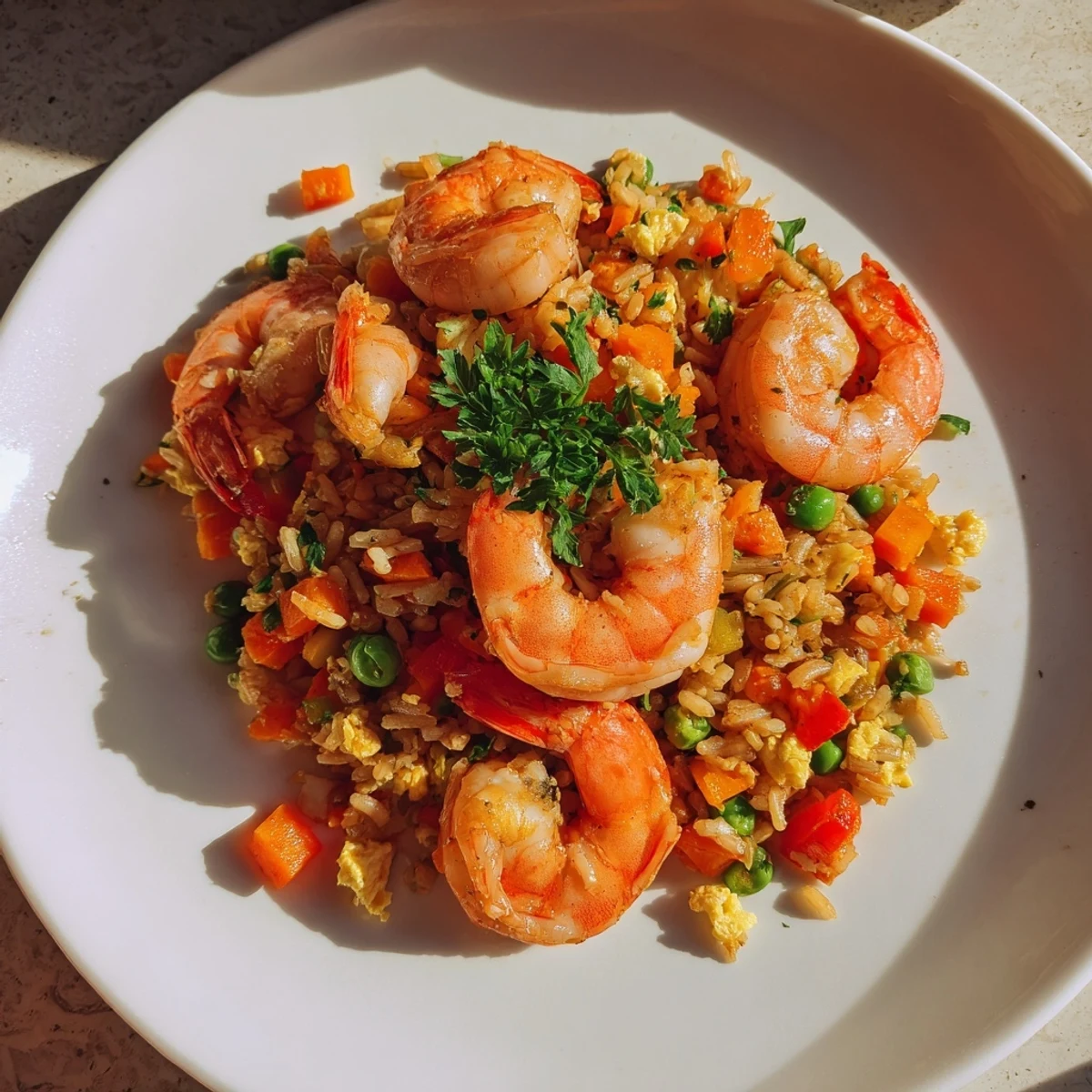 Vibrant Asian fusion plate featuring juicy prawns atop spicy sweet chilli fried rice