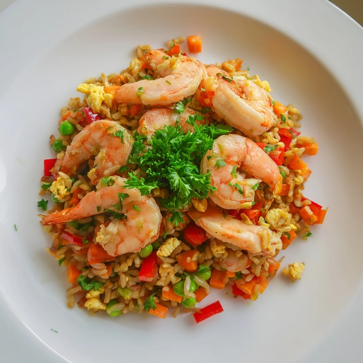 Golden garlic prawns arranged over colorful sweet chilli fried rice with diced vegetables