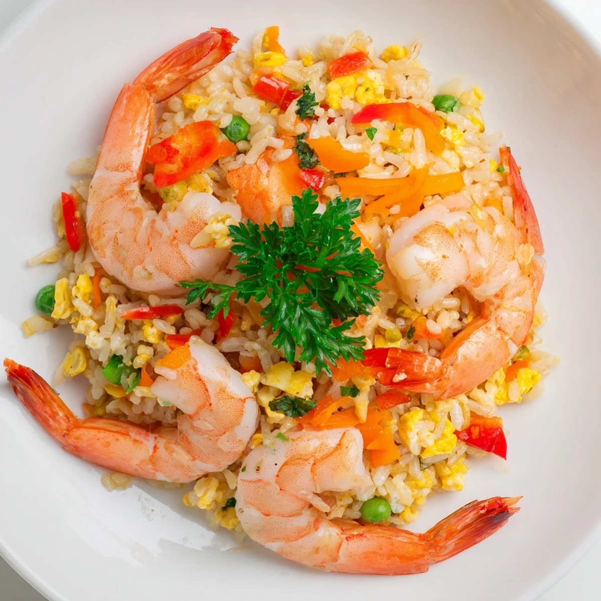 Weeknight dinner bowl with garlic butter prawns and vegetable sweet chilli rice garnished